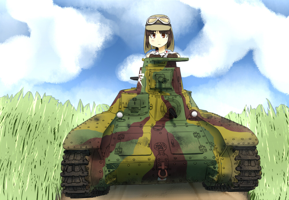 brown_eyes, clouds, day, grass, ground_vehicle, military, military_vehicle, motor_vehicle
