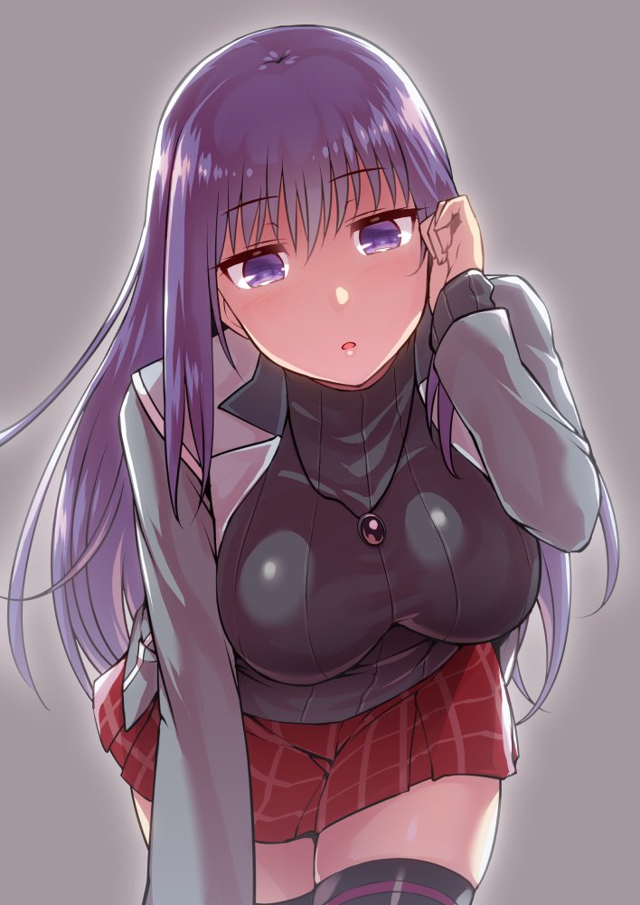 1girl, bangs, black_legwear, blush, breasts, cowboy_shot, hair_flip, jacket