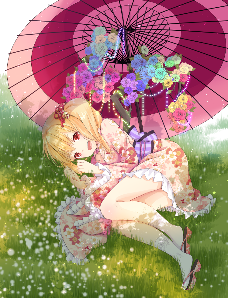1girl, blonde_hair, flandre_scarlet, floral_print, flower, hair_ribbon, japanese_clothes, kimono