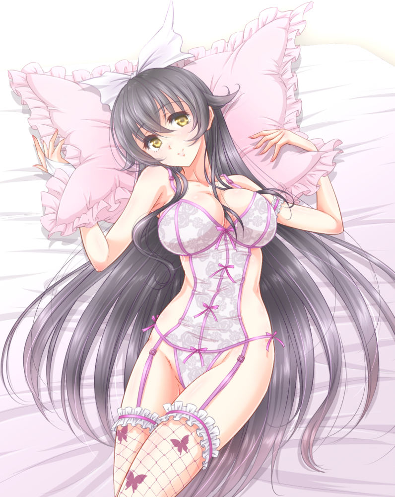 1girl, ayumu_(ayumumkrg), bed_sheet, black_hair, bow, breasts, collarbone, cowboy_shot, fishnet_legwear, fishnets, flower_knight_girl, frills, from_above, hair_bow, large_breasts, lingerie, long_hair, lying, on_back, pillow, smile, solo, thigh-highs, thigh_strap, tsukimisou_(flower_knight_girl), underwear, white_bow, yellow_eyes