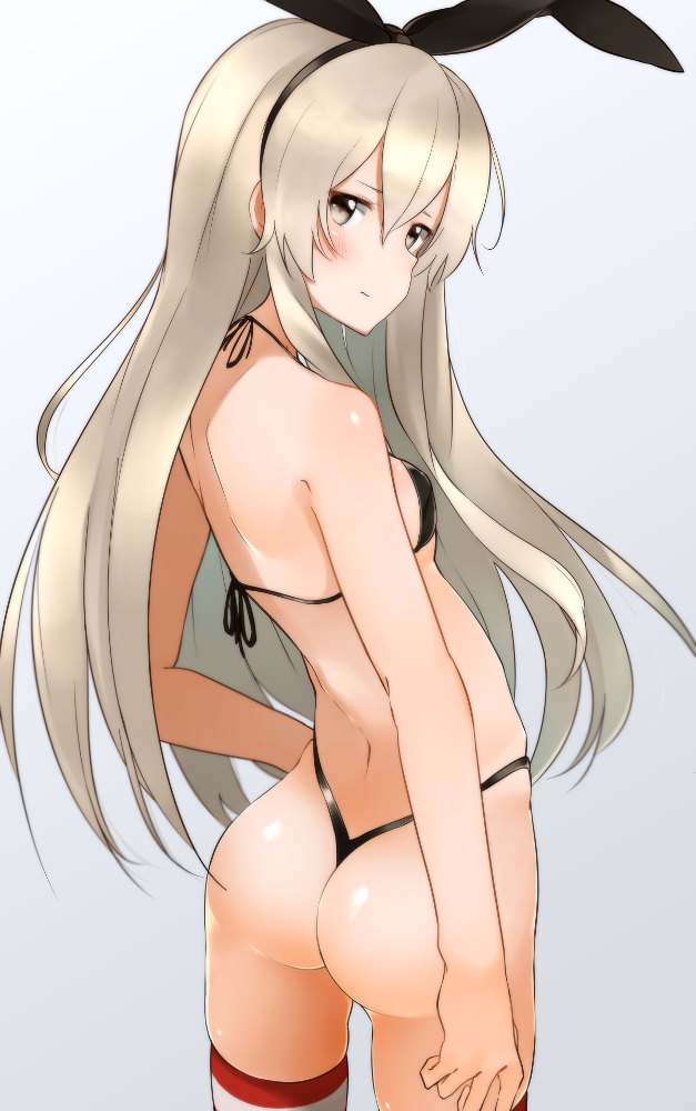 10s, 1girl, ass, bikini, blonde_hair, brown_eyes, hairband, hand_on_hip