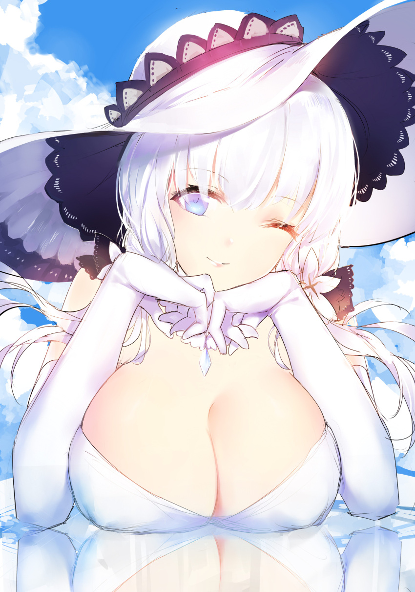 1girl, ;), absurdres, bilan_hangxian, blue_eyes, blue_sky, breasts, chin_rest, cleavage, clouds, cloudy_sky, dress, elbow_gloves, gloves, hat, highres, horz, illustrious_(bilan_hangxian), jewelry, large_breasts, lipstick, makeup, necklace, one_eye_closed, painttool_sai, pendant, reflection, sky, smile, solo, sun_hat, white_gloves, white_hair, white_hat