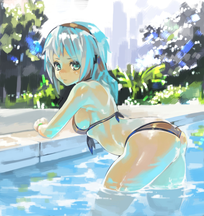 1girl, absurdres, aqua_eyes, ass, bikini, black_bikini, black_hairband, blue_hair