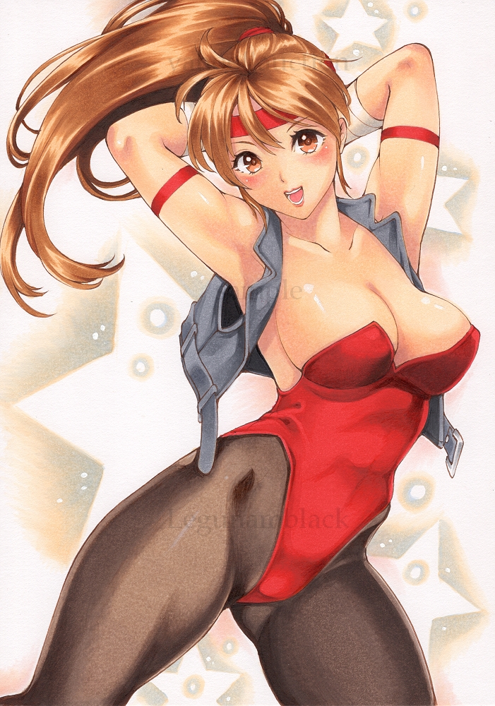 1girl, armband, armpits, arms_behind_head, bangs, breakers, breasts, brown_eyes