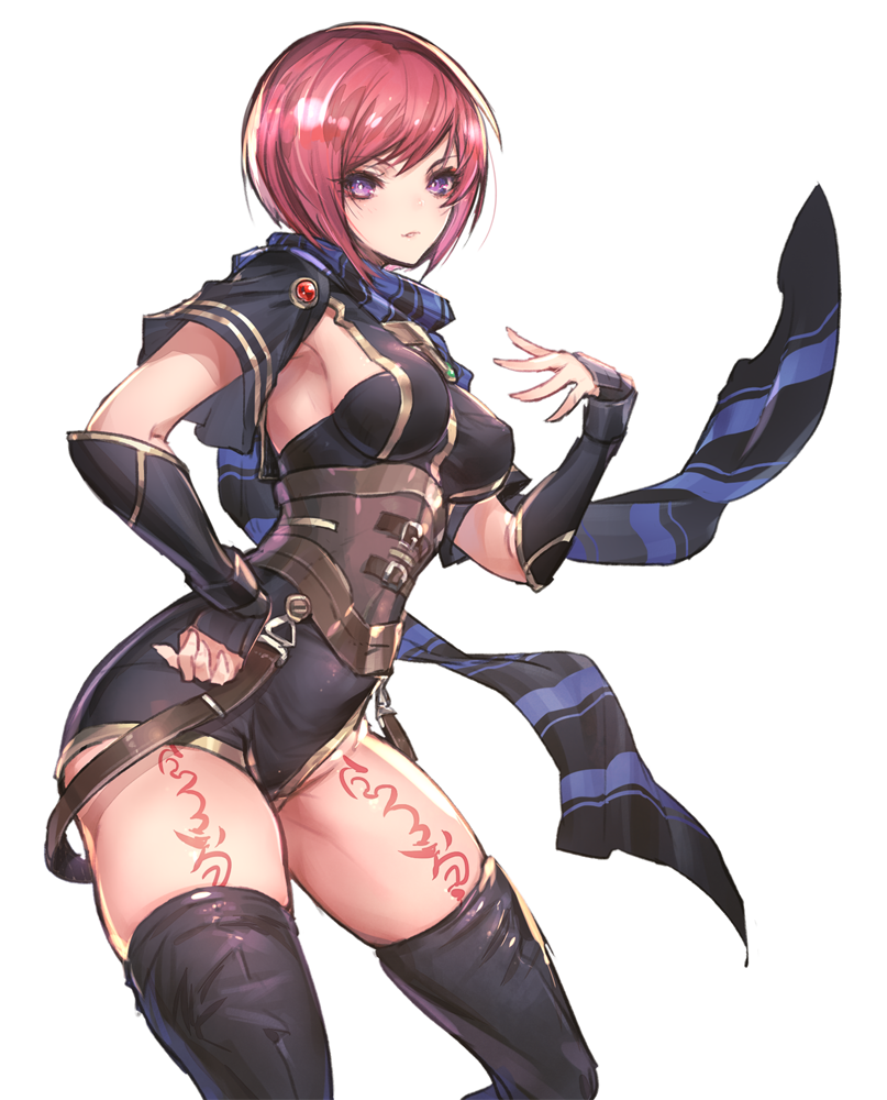 1girl, armpits, gauntlets, leg_tattoo, nel_zelpher, oro_(sumakaita), pink_hair, scarf