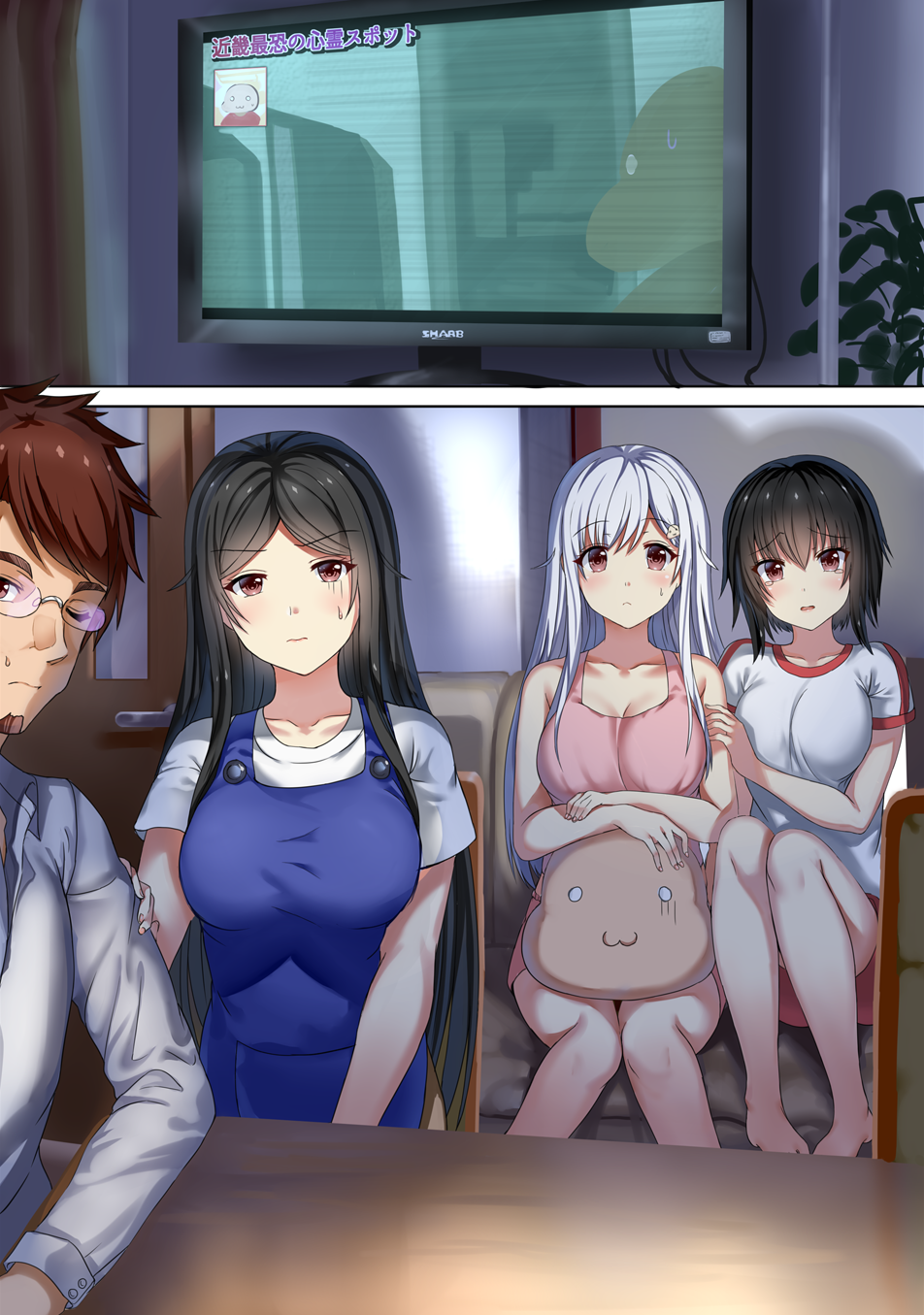 1boy, 3girls, aldehyde, barefoot, black_hair, breasts, brown_hair, cleavage