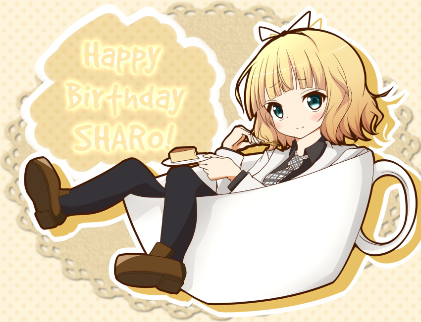 1girl, aqua_eyes, bangs, black_hairband, black_legwear, black_shirt, blazer, blonde_hair, blunt_bangs, blush, brown_shoes, cake, character_name, closed_mouth, coffee_cup, collared_shirt, commentary_request, cup, doily, english, food, fork, gochuumon_wa_usagi_desu_ka?, grey_necktie, hairband, happy_birthday, holding, holding_fork, holding_plate, in_container, in_cup, jacket, kirima_sharo, loafers, long_sleeves, looking_at_viewer, minigirl, necktie, plaid, plaid_necktie, plate, polka_dot, polka_dot_background, school_uniform, shirt, shoes, short_hair, silhouette, smile, solo, wavy_hair, wing_collar, yellow_background, zayaku_(zayakuzazai)