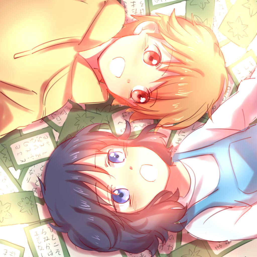 2girls, :d, aaachea, ayase_chihaya, black_hair, blue_eyes, brown_hair, chihayafuru