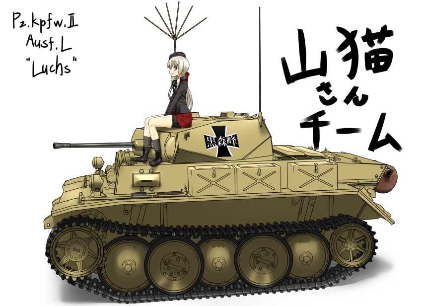 1girl, blonde_hair, emblem, girls_und_panzer, grey_hair, ground_vehicle, highres, kuromorimine_(emblem)