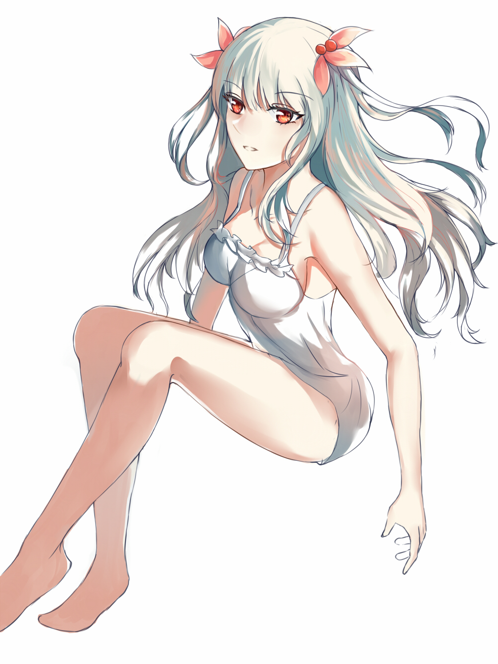 1girl, bangs, bare_arms, bare_shoulders, barefoot, breasts, camisole, crossed_ankles, essex_(zhan_jian_shao_nyu), eyebrows_visible_through_hair, eyelashes, frilled_vest, hair_ornament, hair_over_shoulder, highres, knees_up, large_breasts, long_hair, looking_away, multicolored_hair, no_legwear, no_pants, no_shoes, open_mouth, red_eyes, sideboob, silver_hair, solo, spaghetti_strap, vest, white_background, white_vest, yamashita_hakuu, zhan_jian_shao_nyu