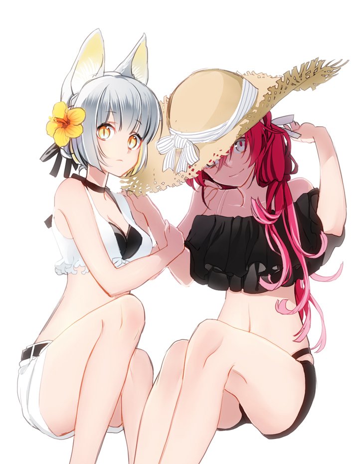 2girls, animal_ears, breasts, cleavage, flower, frills, grey_eyes, hair_flower