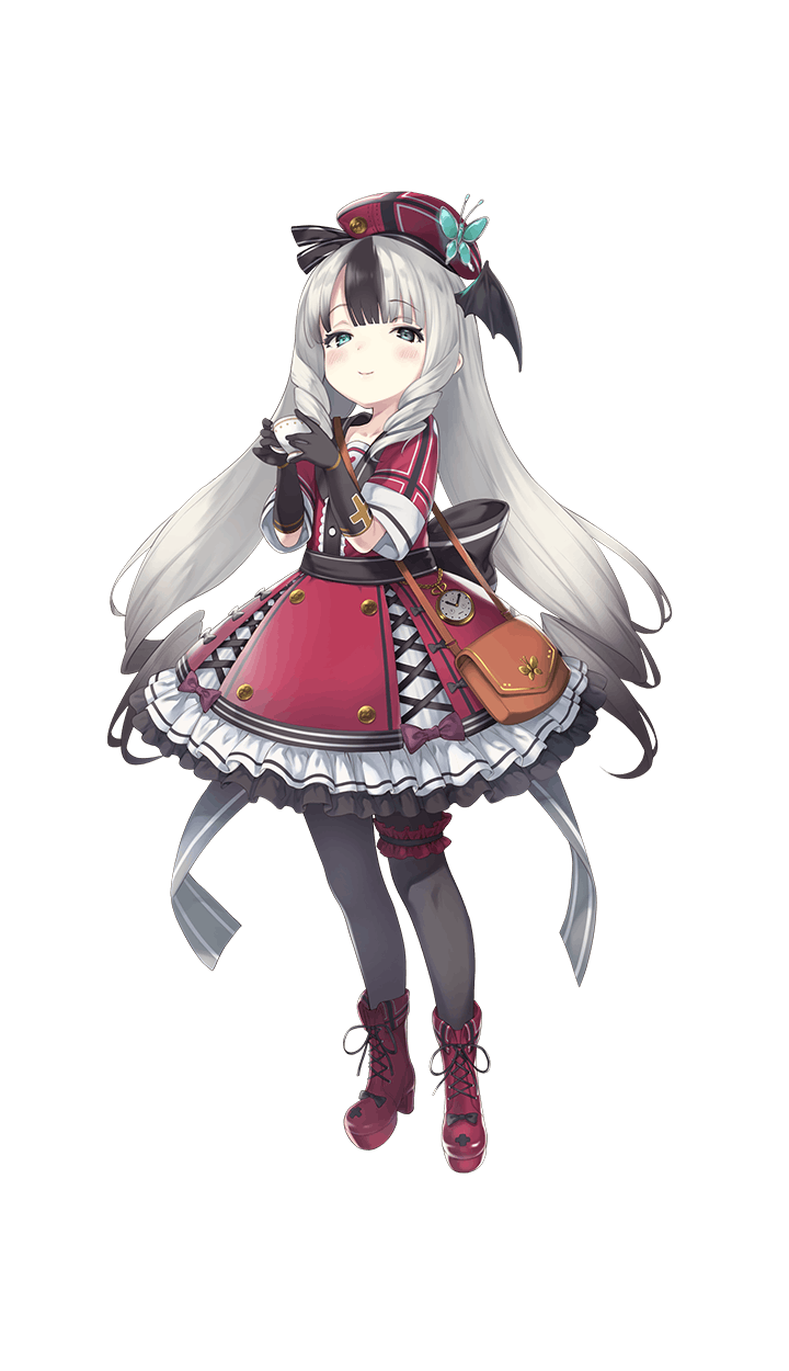 bag, charlotte_bong, cup, formation_girls, gloves, handbag, hat, highres, long_hair, looking_at_viewer, pantyhose, pokachu, silver_hair, smile, solo, teacup, transparent_background, watch