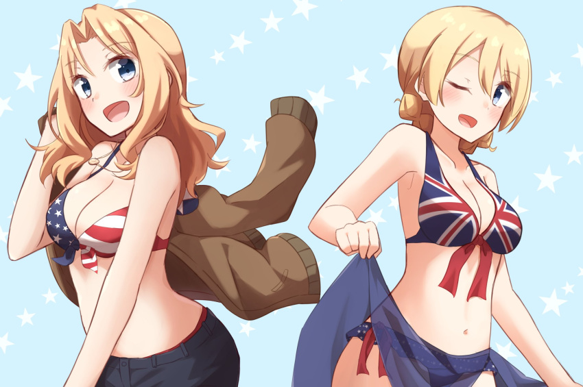 2girls, american_flag_bikini, bikini, bikini_top, black_shorts, blonde_hair, blue_eyes, blush