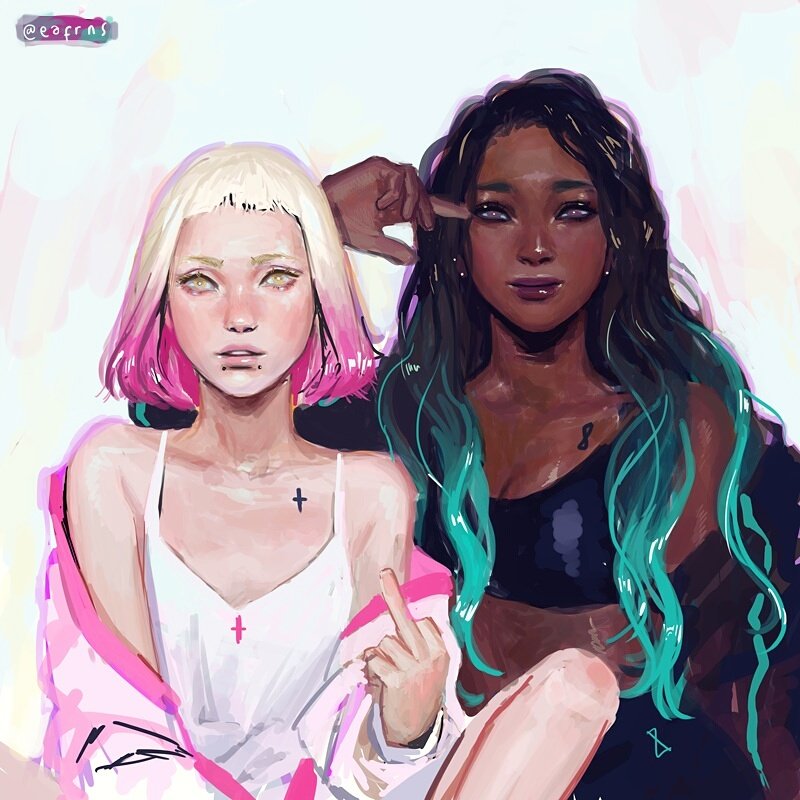 2girls, aqua_hair, bare_arms, bare_shoulders, blonde_hair, camisole, collarbone, dark_skin