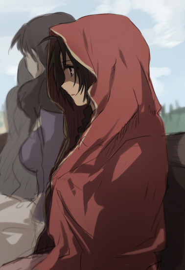 1girl, black_eyes, braid, brown_hair, clouds, conqueror_of_shambala, dark_skin, expressionless