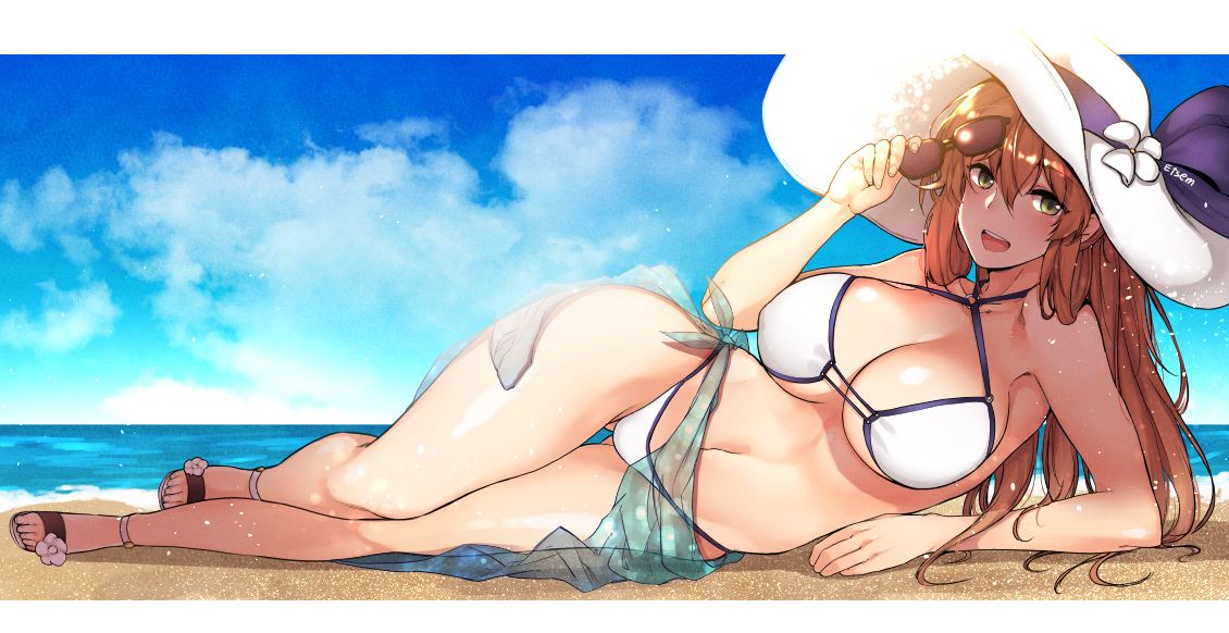 1girl, artist_name, beach, bikini, blue_sky, blush, breasts, brown_hair