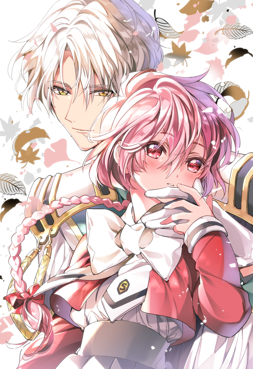 1boy, 1girl, blush, bow, braid, couple, eagle_vision, gloves