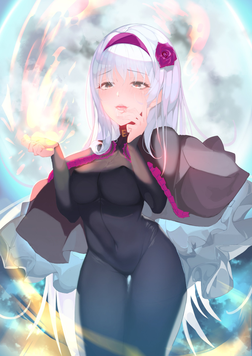 1girl, absurdres, aowltus209, belt_choker, black_eyes, blush, bodysuit, capelet