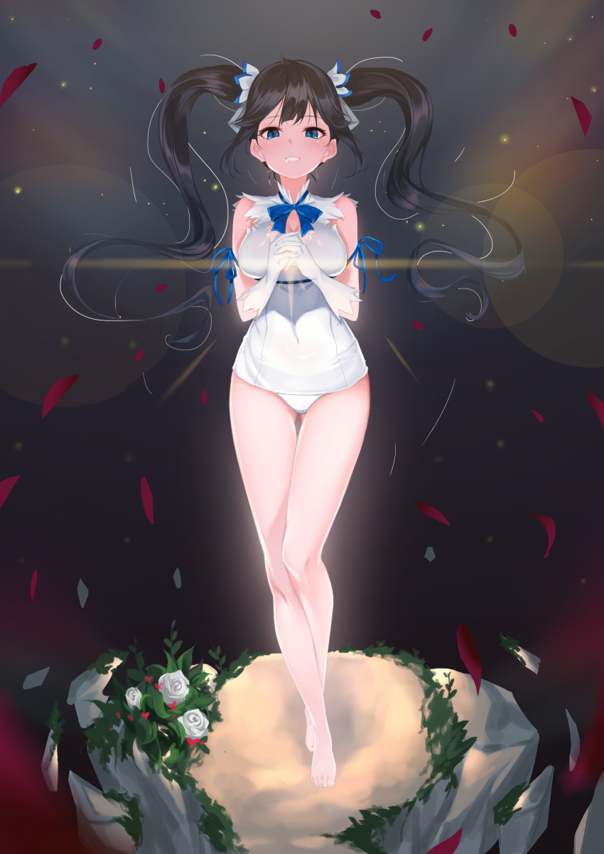 1girl, absurdres, aowltus209, barefoot, black_background, black_hair, blue_bow, blue_eyes, blue_ribbon, bow, clouds, dungeon_ni_deai_wo_motomeru_no_wa_machigatteiru_darou_ka, elbow_gloves, feet, floating_petals, flower, full_body, gloves, hair_blowing, hands_clasped, hestia_(danmachi), highres, leaf, legs, legs_crossed, lens_flare, light_particles, looking_at_viewer, ribbon, rock, rose, smile, solo, thighs, twintails, white_gloves, white_rose, yellow_clouds