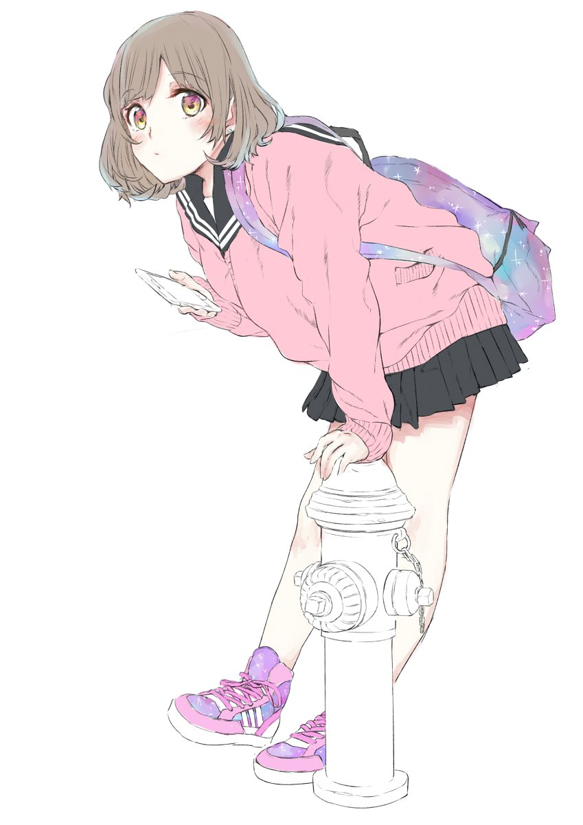 1girl, backpack, bag, bangs, black_sailor_collar, black_skirt, blush, brown_hair