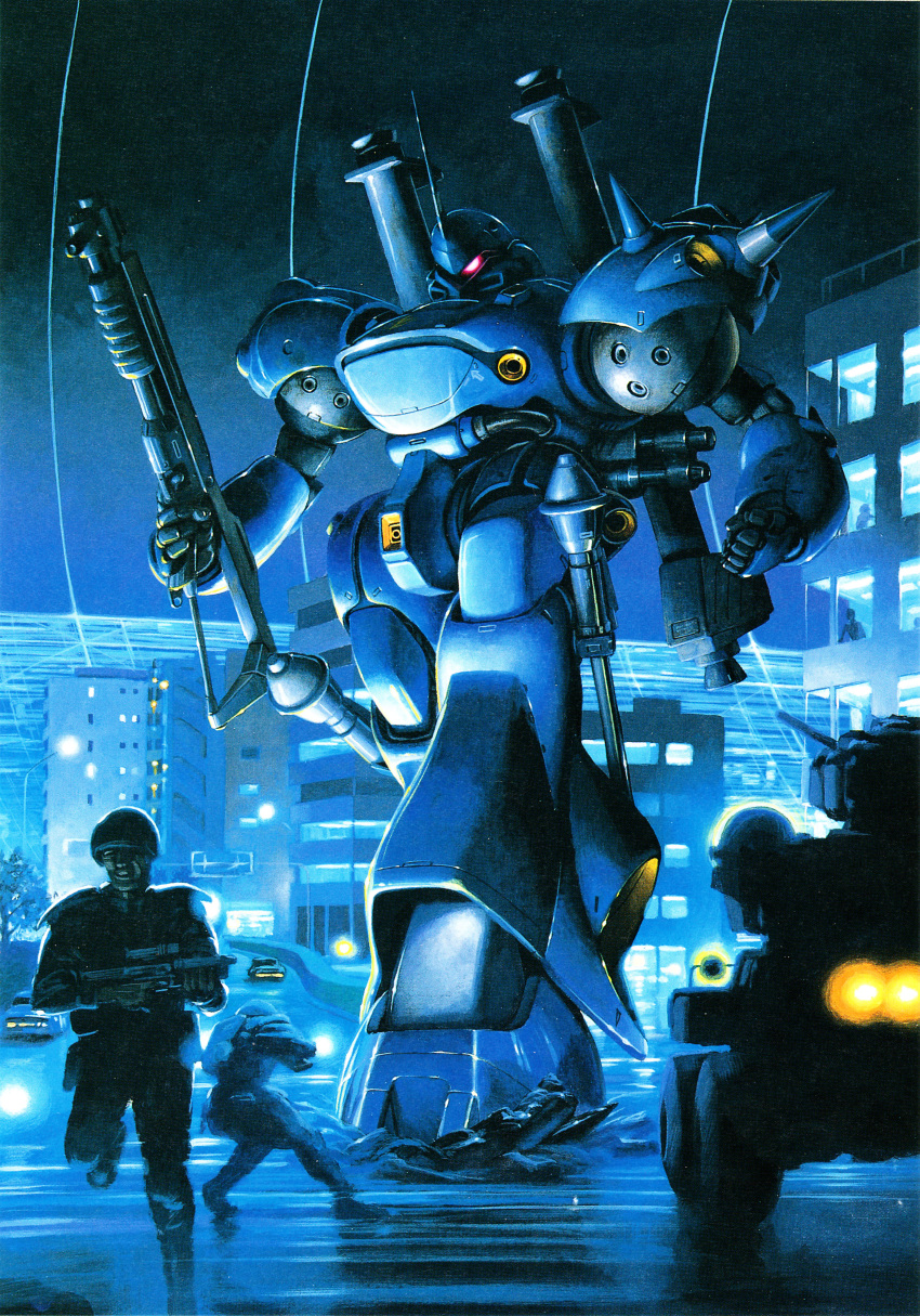 2boys, 80s, absurdres, bazooka, blue, building, car, fleeing