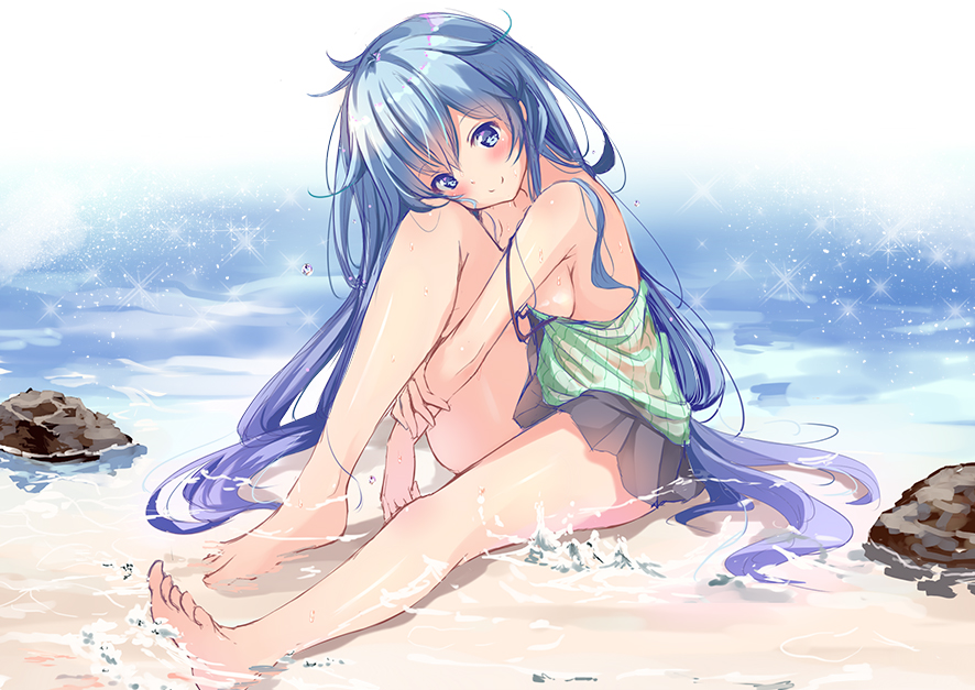 1girl, barefoot, blue_eyes, blue_hair, blush, breasts, closed_eyes, copyright_request