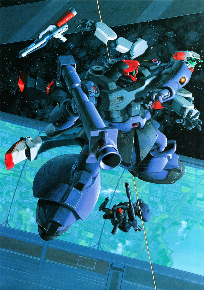 80s, absurdres, bazooka, beam_gun, broken_glass, dom, elbowing, fighting