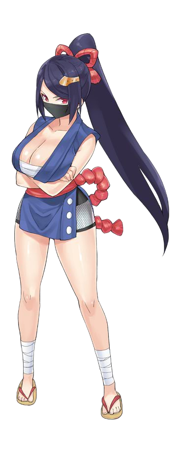 1girl, artist_request, breasts, cleavage, crossed_arms, face_mask, full_body, hidden_mouth, huge_breasts, iga_ueno_(oshiro_project), long_hair, mask, official_art, oshiro_project, oshiro_project_re, ponytail, purple_hair, red_eyes, transparent_background, very_long_hair