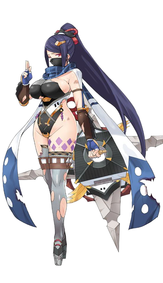 1girl, artist_request, breasts, face_mask, fingerless_gloves, full_body, gloves, hair_ornament, hairclip, hidden_mouth, holding, holding_weapon, huge_breasts, iga_ueno_(oshiro_project), leotard, long_hair, mask, ninja, official_art, oshiro_project, oshiro_project_re, ponytail, purple_hair, red_eyes, scarf, shuriken, sleeveless, thigh-highs, torn_clothes, torn_thighhighs, transparent_background, very_long_hair, weapon