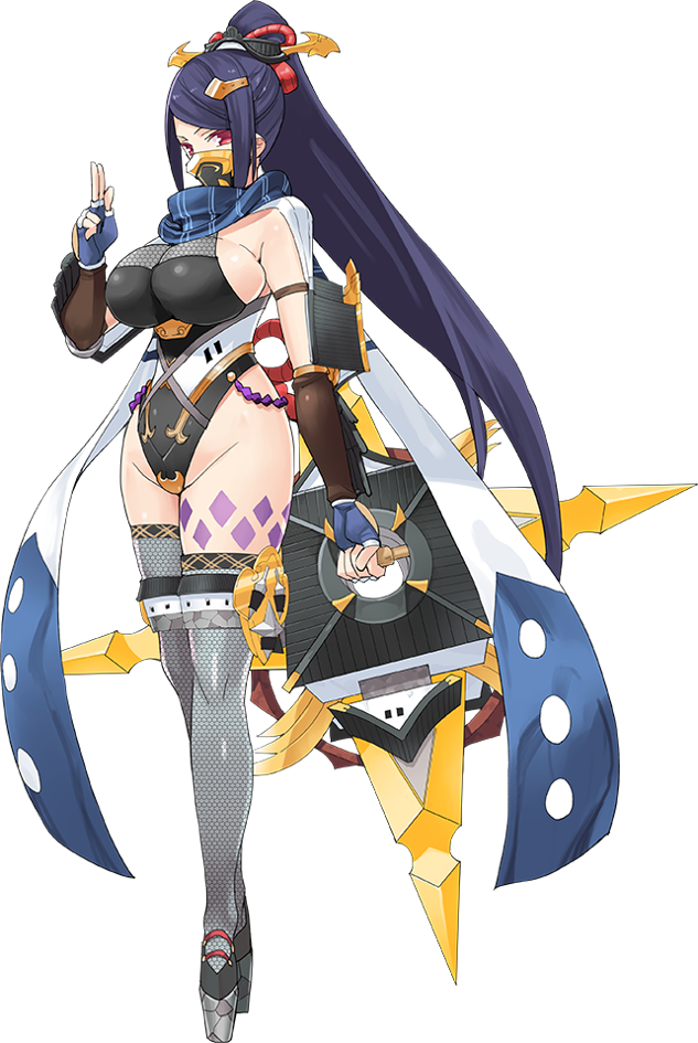 1girl, artist_request, breasts, face_mask, fingerless_gloves, full_body, gloves, hair_ornament
