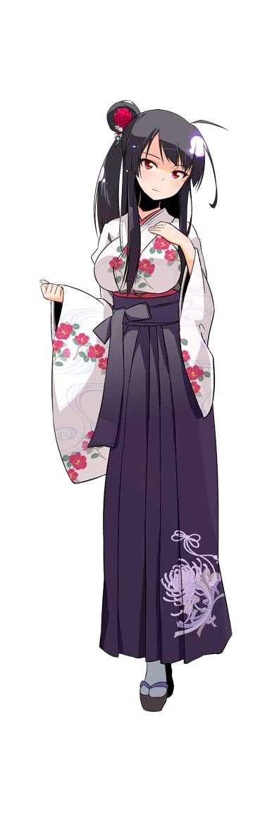 1girl, black_hair, breasts, full_body, hair_bun, hair_ornament, hand_on_own_chest, head_tilt