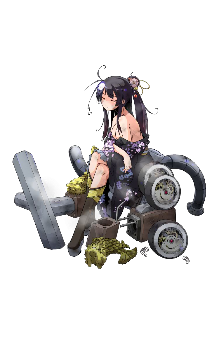 1girl, bare_shoulders, black_hair, breasts, broken, broken_weapon, cannon, closed_eyes