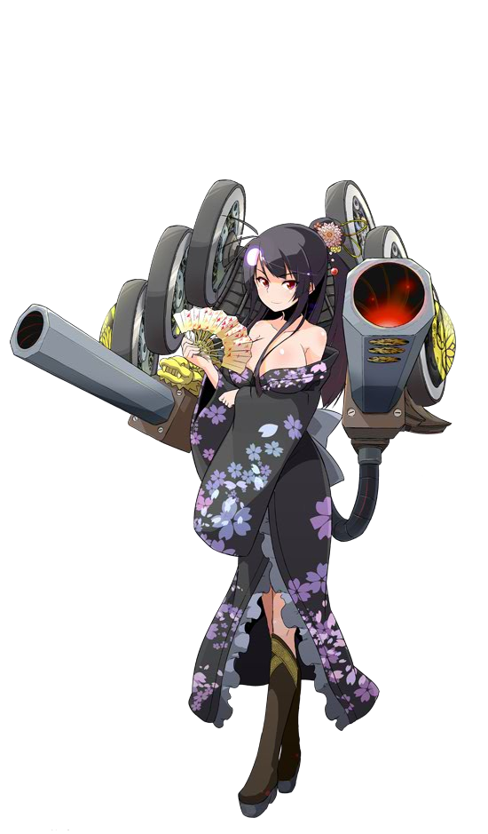 1girl, bare_shoulders, black_hair, boots, breasts, cannon, fan, full_body