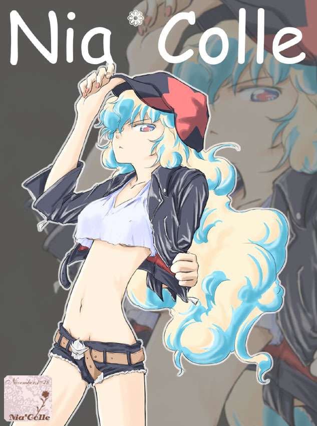 crop_top, denim, denim_shorts, hat, midriff, multicolored_hair, nia_colle, nia_teppelin