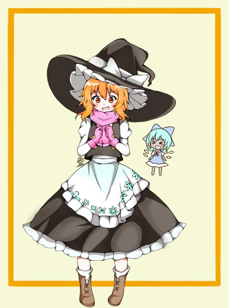 >:d, >_<, 2girls, :d, apron, blonde_hair, blue_hair, blush