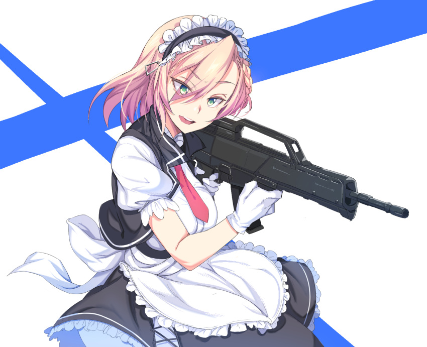 1girl, apron, assault_rifle, bangs, black_dress, blonde_hair, blouse, blue_eyes