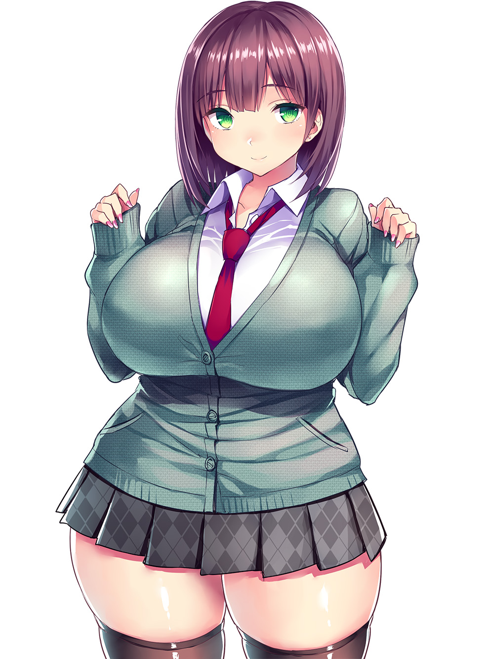 1girl, argyle_skirt, bangs, black_legwear, black_skirt, breasts, brown_hair, cardigan, closed_mouth, collared_shirt, cowboy_shot, curvy, eyebrows_visible_through_hair, green_eyes, hands_up, highres, huge_breasts, long_hair, looking_at_viewer, miniskirt, nail_polish, necktie, original, pink_nails, pleated_skirt, red_necktie, school_uniform, shirt, simple_background, skindentation, skirt, sleeves_past_wrists, smile, solo, thigh-highs, thighs, tsukumiya_amane, white_background, white_shirt