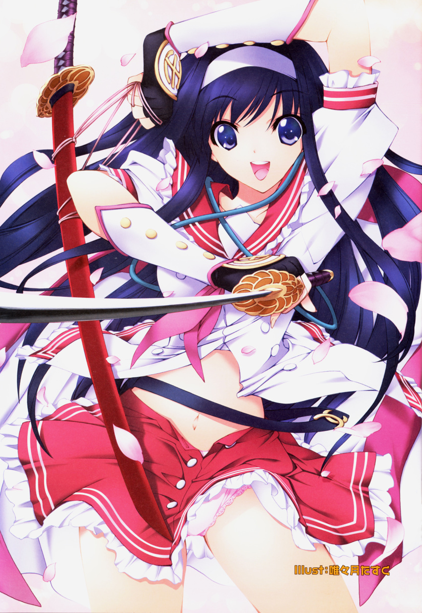 1girl, :d, arm_above_head, big_bang_age, blue_eyes, blue_hair, blush, daibanchou