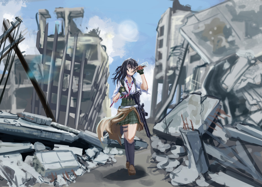 1girl, ar-15, assault_rifle, black_hair, brown_eyes, clothes_around_waist, coppelion, dailuo, drinking, fallout, fingerless_gloves, gloves, gun, highres, holster, kneehighs, lens_flare, miniskirt, naruse_ibara, necktie, nuka_cola, outdoors, post-apocalypse, rifle, ruins, skirt, sky, sleeves_rolled_up, solo, striped, striped_necktie, tagme, thigh_holster, weapon