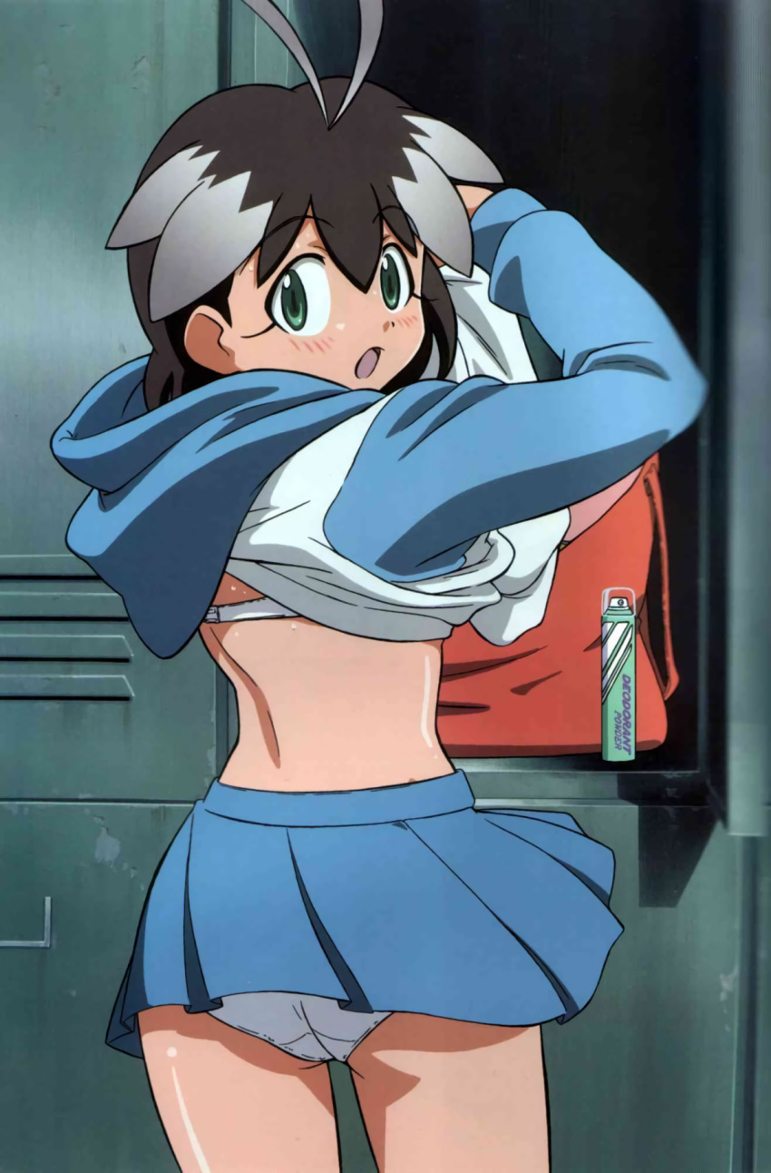 1girl, arcade_gamer_fubuki, black_hair, cowboy_shot, dressing, highres, locker, long_sleeves