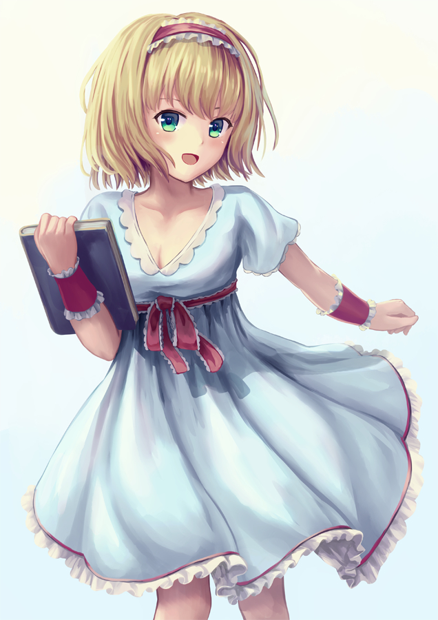 1girl, :d, alice_margatroid, bangs, blonde_hair, blue_dress, book, breasts
