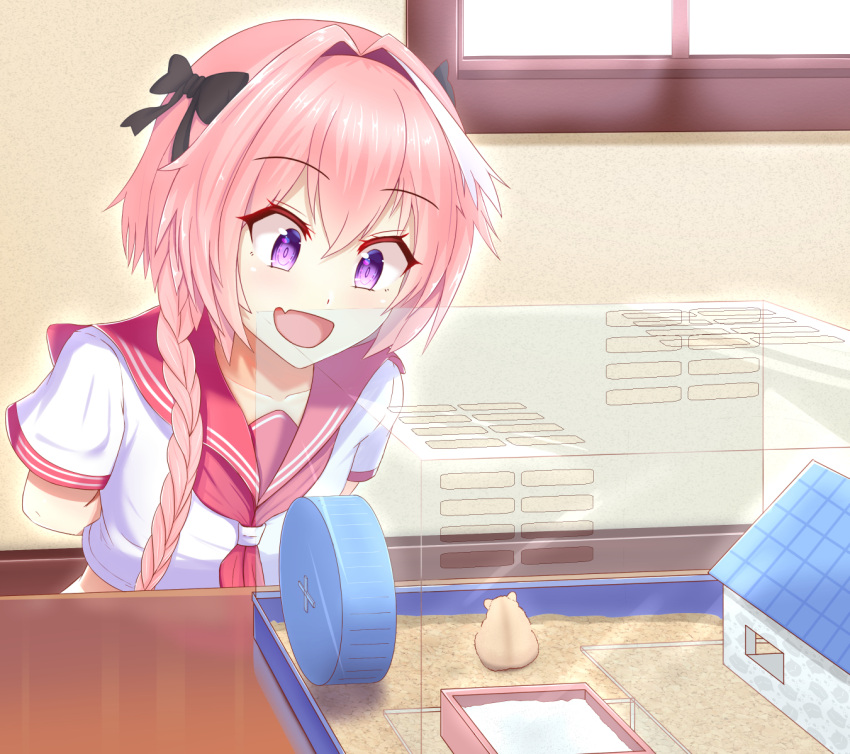 1boy, animal, black_bow, blush, bow, braid, damao_yu, eyebrows_visible_through_hair