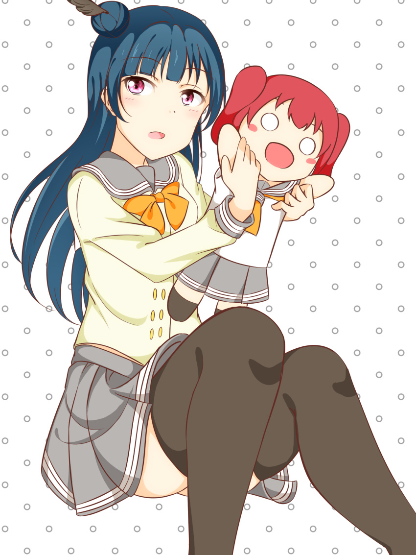 1girl, blue_hair, blush, character_doll, commentary_request, fate_no_keshin, hair_bun, highres, holding_doll, kurosawa_ruby, looking_at_viewer, love_live!, love_live!_sunshine!!, open_mouth, school_uniform, side_bun, sitting, solid_circle_eyes, solo, tsushima_yoshiko, violet_eyes, white_background