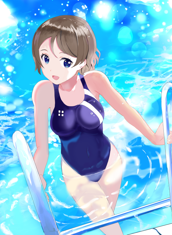 1girl, blue_eyes, brown_hair, competition_swimsuit, cowboy_shot, hinomoto_souya, looking_at_viewer, love_live!, love_live!_sunshine!!, one-piece_swimsuit, partially_submerged, pool_ladder, short_hair, solo, swimsuit, watanabe_you, water