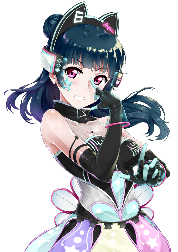 1girl, black_gloves, blue_hair, blush, breasts, cleavage, elbow_gloves, eyebrows_visible_through_hair