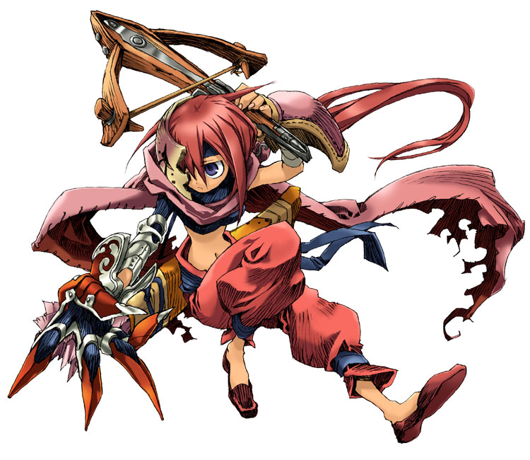 blue_eyes, bow_(weapon), claws, crossbow, kiyuzuki_satoko, mask, midriff, official_art