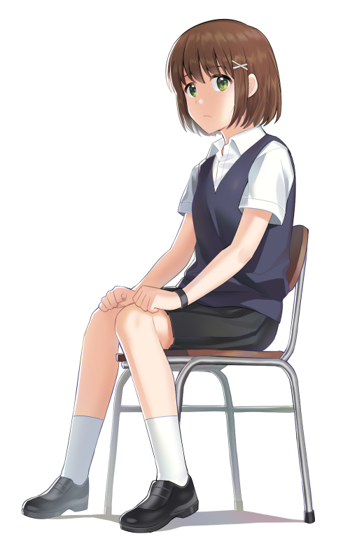 1girl, bangs, black_shoes, black_skirt, blue_sweater, brown_hair, chair, closed_mouth
