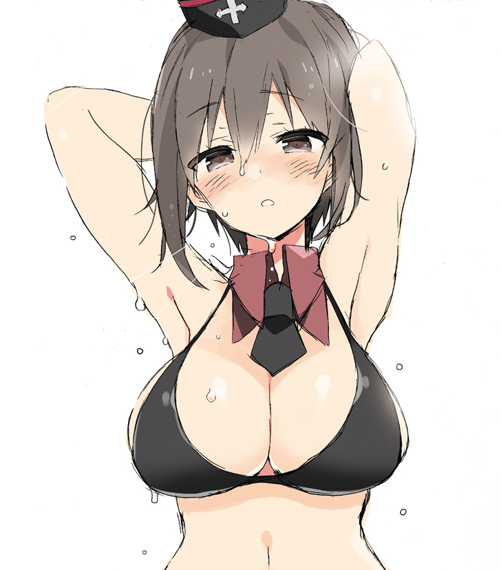 1girl, adapted_uniform, araki_kanao, arms_behind_back, bangs, black_bikini_top, black_hat, black_necktie
