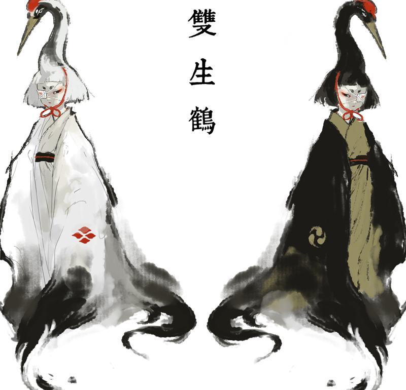2girls, bird, crane_(bird), eyepatch, female, fine_art_parody, japanese_clothes, magatama, multiple_girls, nihonga, original, parody, sheep_(sheepeden), short_hair, stork, symbol, symmetry, tagme, white_background