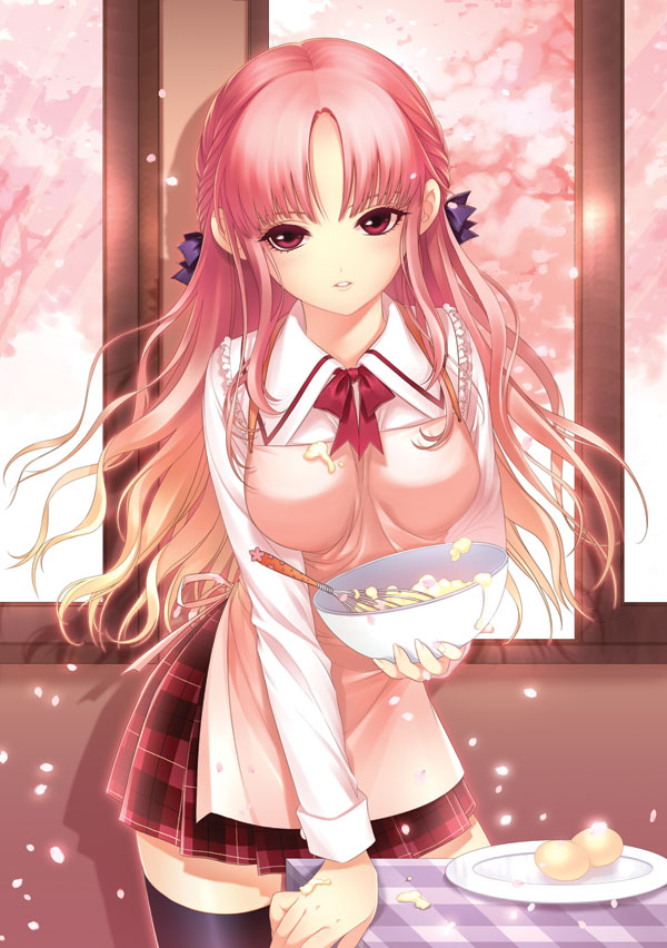 bad_id, cooking, d_myo, egg, eggs, long_hair, original, pink_hair, plaid, plaid_skirt, pleated_skirt, red_eyes, shirahane_nao, skirt, solo, thigh-highs, thighhighs, zettai_ryouiki